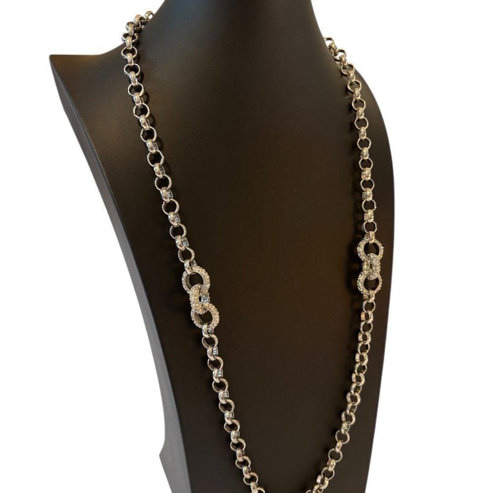Coldwater Creek Extra Long Silver Toned Chain w/Pave Crystal Accent Rings. - Picture 2 of 5